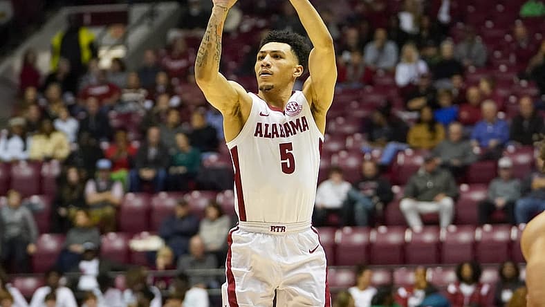 Dec 20, 2022; Tuscaloosa, Alabama, USA; Alabama Crimson Tide guard Jahvon Quinerly (5) shoots against Jackson State Tigers during the first half at Coleman Coliseum. Mandatory Credit: Marvin Gentry-USA TODAY Sports