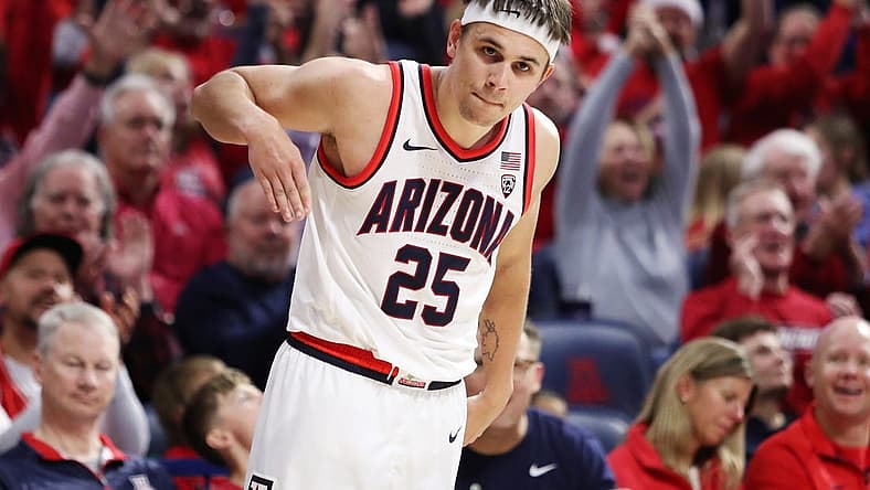 Dec 20, 2022; Tucson, Arizona, USA;Arizona Wildcats guard Kerr Kriisa (25) celebrates after a basket in the second half at McKale Center. Mandatory Credit: Zachary BonDurant-USA TODAY Sports