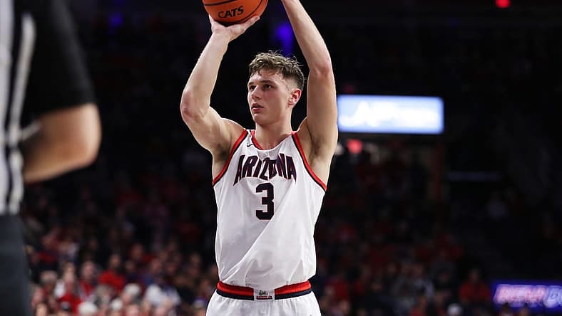 Dec 20, 2022; Tucson, Arizona, USA;Arizona Wildcats guard Pelle Larsson (3) makes a foul shot in the second half at McKale Center. Mandatory Credit: Zachary BonDurant-USA TODAY Sports