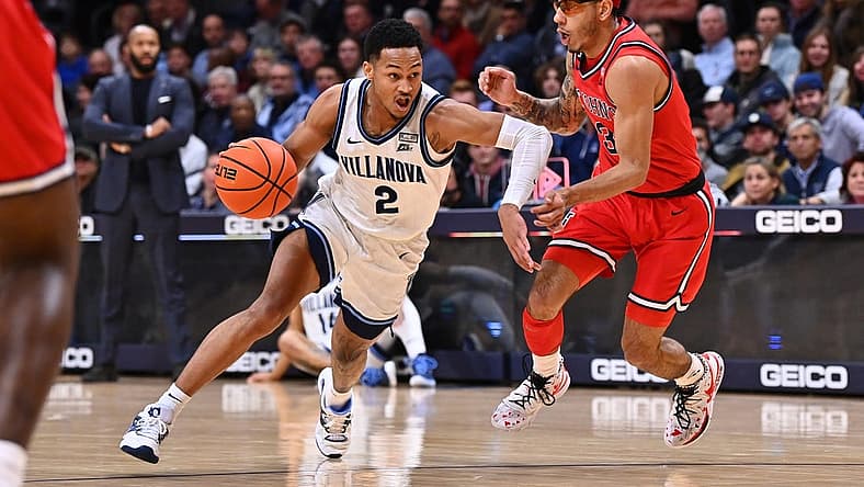 Dec 21, 2022; Villanova, Pennsylvania, USA; Villanova Wildcats guard Mark Armstrong (2) drives against Saint John's Red Storm guard Andre Curbelo (3) in the first half at William B. Finneran Pavilion. Mandatory Credit: Kyle Ross-USA TODAY Sports