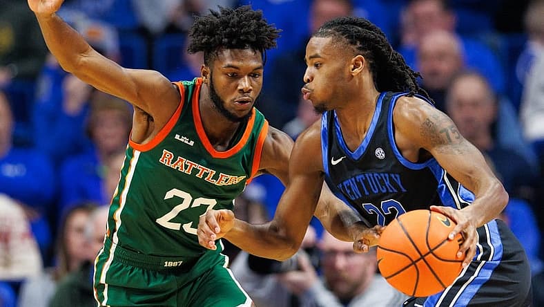 Dec 21, 2022; Lexington, Kentucky, USA; Florida A&M Rattlers guard Jordan Tillmon (23) guards Kentucky Wildcats guard Cason Wallace (22) during the first half at Rupp Arena at Central Bank Center. Mandatory Credit: Jordan Prather-USA TODAY Sports