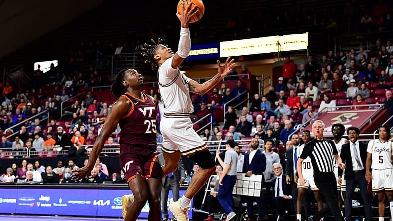 Dec 21, 2022; Chestnut Hill, Massachusetts, USA; Boston College Eagles guard Makai Ashton-Langford (11) attempts a shot during the second half against the Virginia Tech Hokies at Conte Forum. Mandatory Credit: Eric Canha-USA TODAY Sports
