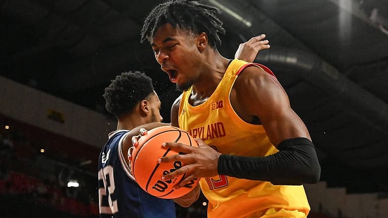 Dec 22, 2022; College Park, Maryland, USA; Maryland Terrapins guard Hakim Hart (13) reacts after the whistle during the second half against the St. Peter's Peacocks at Xfinity Center. Mandatory Credit: Tommy Gilligan-USA TODAY Sports