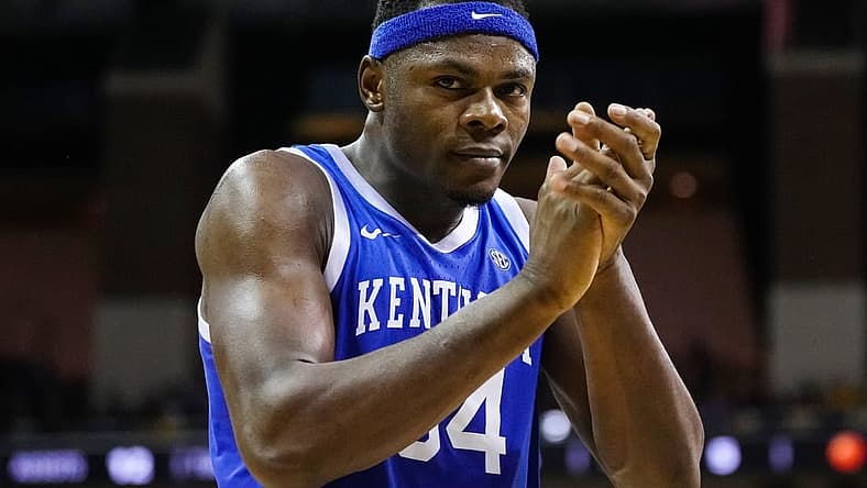 Dec 28, 2022; Columbia, Missouri, USA; Kentucky Wildcats forward Oscar Tshiebwe (34) celebrates after scoring during the second half against the Missouri Tigers at Mizzou Arena. Mandatory Credit: Jay Biggerstaff-USA TODAY Sports
