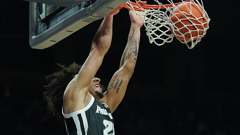 Dec 29, 2022; Indianapolis, Indiana, USA; Providence Friars guard Devin Carter (22) dunks against the Butler Bulldogs during the first half at Hinkle Fieldhouse. Mandatory Credit: Robert Goddin-USA TODAY Sports