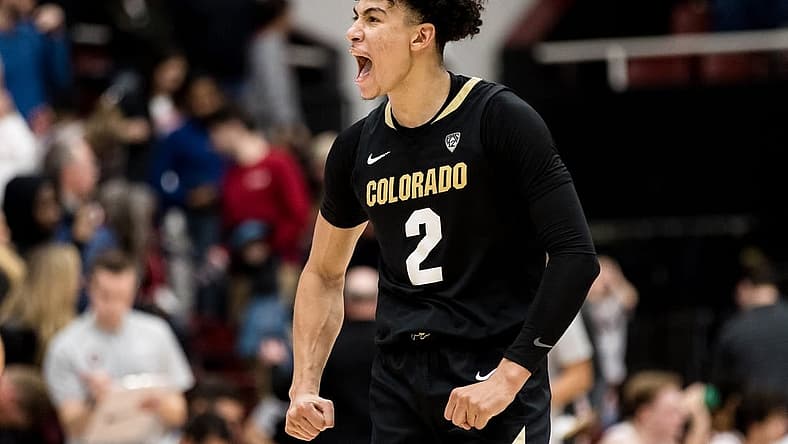 Dec 29, 2022; Stanford, California, USA; Colorado Buffaloes guard KJ Simpson (2) reacts after defeating the Stanford Cardinal at Maples Pavilion. Mandatory Credit: John Hefti-USA TODAY Sports