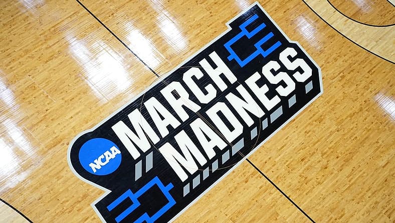 Mar 17, 2022; San Diego, CA, USA; A general view of the March Madness logo at center court before the first round of the 2022 NCAA Tournament at Viejas Arena. Mandatory Credit: Kirby Lee-USA TODAY Sports