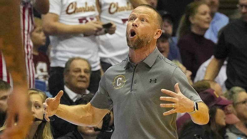 Nov 11, 2022; Chapel Hill, North Carolina, USA;  Charleston Cougars head coach Pat Kelsey reacts during the first half against the North Carolina Tar Heels at Dean E. Smith Center. Mandatory Credit: James Guillory-USA TODAY Sports