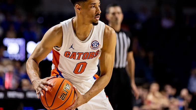 Nov 7, 2022; Gainesville, Florida, USA; Florida Gators guard Myreon Jones (0) looks to pass during the second half against the Stony Brook Seawolves at Exactech Arena at the Stephen C. O'Connell Center. Mandatory Credit: Matt Pendleton-USA TODAY Sports