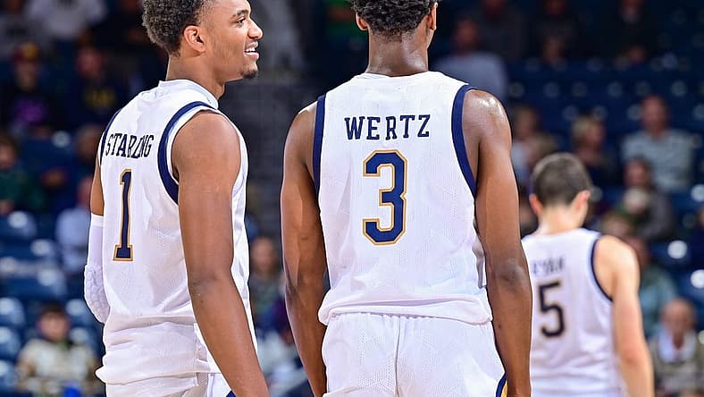 Dec 7, 2022; South Bend, Indiana, USA; Notre Dame Fighting Irish guard JJ Starling (1) talks to guard Trey Wertz (3) in the second half against the Boston University Terriers at the Purcell Pavilion. Mandatory Credit: Matt Cashore-USA TODAY Sports