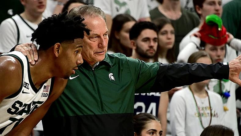 Dec 10, 2022; East Lansing, Michigan, USA; Michigan State Spartans head coach Tom Izzo talks to guard A.J. Hoggard (11) in the second half against the Brown Bears at Jack Breslin Student Events Center. Mandatory Credit: Dale Young-USA TODAY Sports
