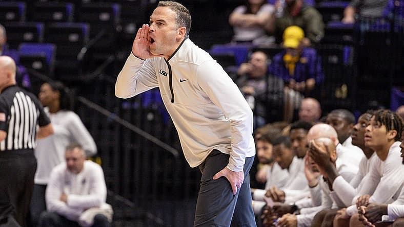 Dec 13, 2022; Baton Rouge, Louisiana, USA; LSU Tigers head coach Matt McMahon yells at his players from the bench against the North Carolina Central Eagles during the first half at Pete Maravich Assembly Center. Mandatory Credit: Stephen Lew-USA TODAY Sports