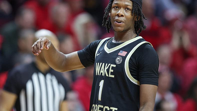 Dec 17, 2022; Piscataway, New Jersey, USA; Wake Forest Demon Deacons guard Tyree Appleby (1) reacts after being called for a foul during the second half against the Rutgers Scarlet Knights at Jersey Mike's Arena. Mandatory Credit: Vincent Carchietta-USA TODAY Sports