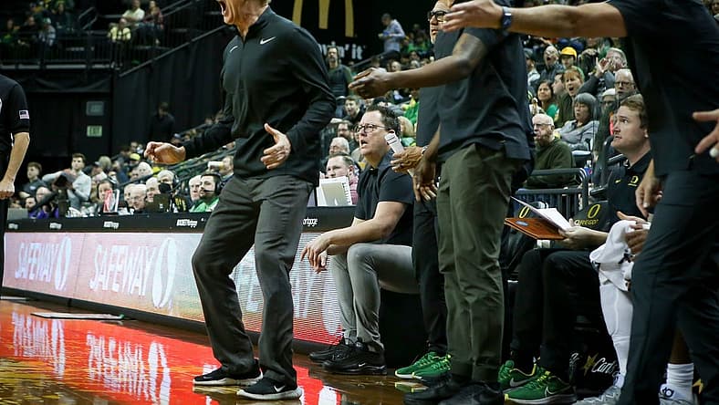Oregon head coach Dana Altman reacts to a call in the second half as the Oregon Ducks host the Portland Pilots Saturday, Dec. 17, 2022, at Matthew Knight Arena in Eugene, Ore.
Ncaa Basketball Oregon Ducks Vs Portland Pilots Men S Basketball Portland Pilots At Oregon Ducks