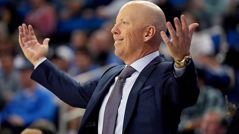 Dec 21, 2022; Los Angeles, California, USA; UCLA Bruins head coach Mick Cronin reacts against the UC Davis Aggies in the second half at Pauley Pavilion presented by Wescom. Mandatory Credit: Kirby Lee-USA TODAY Sports