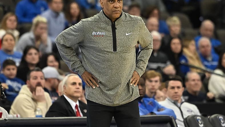 Dec 25, 2022; Omaha, Nebraska, USA; DePaul Blue Demons head coach Tony Stubblefield watches action against the Creighton Bluejays in the first half at CHI Health Center Omaha. Mandatory Credit: Steven Branscombe-USA TODAY Sports