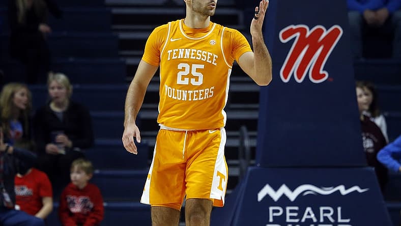 Dec 28, 2022; Oxford, Mississippi, USA; Tennessee Volunteers guard Santiago Vescovi (25) reacts by blowing a kiss toward the Mississippi Rebels student section during the second half at The Sandy and John Black Pavilion at Ole Miss. Mandatory Credit: Petre Thomas-USA TODAY Sports