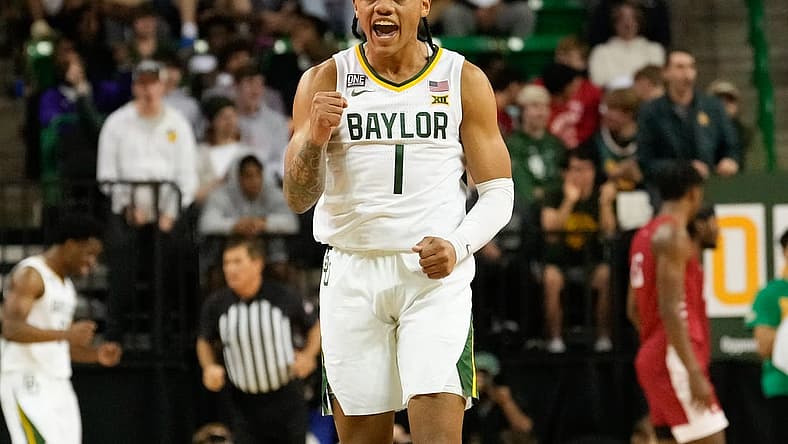 Dec 28, 2022; Waco, Texas, USA;  Baylor Bears guard Keyonte George (1) reacts after a play against the Nicholls State Colonels during the first half at Ferrell Center. Mandatory Credit: Chris Jones-USA TODAY Sports
