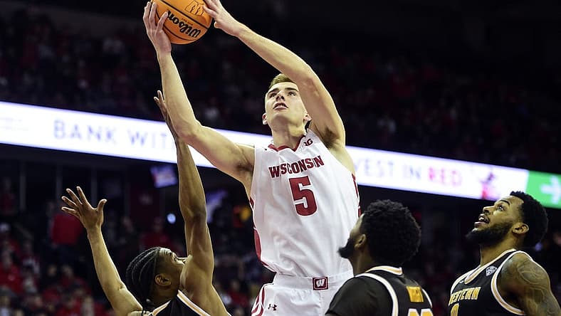 Dec 30, 2022; Madison, Wisconsin, USA; Wisconsin Badgers forward Tyler Wahl (5) shoots against the Western Michigan Broncos during the second half at the Kohl Center. Mandatory Credit: Kayla Wolf-USA TODAY Sports