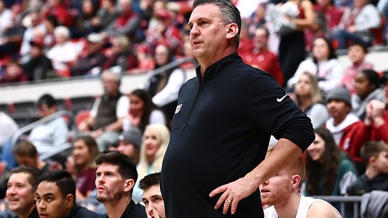 Dec 30, 2022; Pullman, Washington, USA; Washington State Cougars head coach Kyle Smith looks on against the UCLA Bruins in the first half at Friel Court at Beasley Coliseum. Mandatory Credit: James Snook-USA TODAY Sports