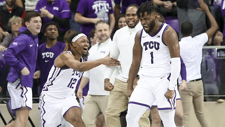 Dec 31, 2022; Fort Worth, Texas, USA; TCU Horned Frogs guard Mike Miles Jr. (1) reacts after scoring during the second half against the Texas Tech Red Raiders at Ed and Rae Schollmaier Arena. Mandatory Credit: Kevin Jairaj-USA TODAY Sports