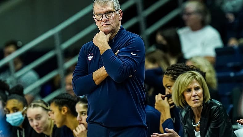 Dec 31, 2022; Storrs, Connecticut, USA; UConn Huskies head coach Geno Auriemma watches from the sideline as they take on the Marquette Golden Eagles at Harry A. Gampel Pavilion. Mandatory Credit: David Butler II-USA TODAY Sports