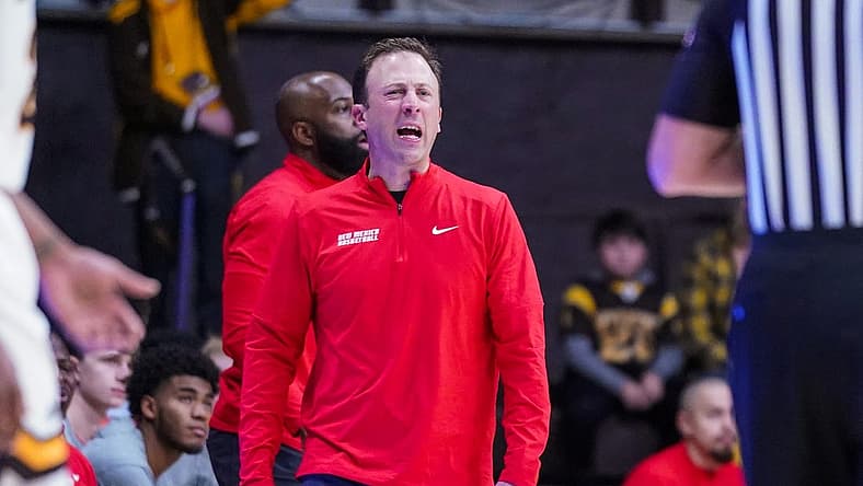 Dec 31, 2022; Laramie, Wyoming, USA; New Mexico Lobos head coach Richard Pitino reacts during the first half against the Wyoming Cowboys at Arena-Auditorium. Mandatory Credit: Troy Babbitt-USA TODAY Sports