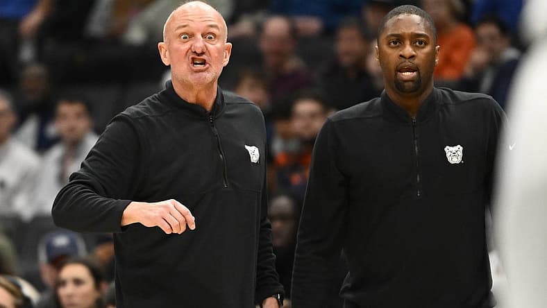 Jan 1, 2023; Washington, District of Columbia, USA; Butler Bulldogs head coach Thad Matta reacts against the Georgetown Hoyas during the first half at Capital One Arena. Mandatory Credit: Brad Mills-USA TODAY Sports