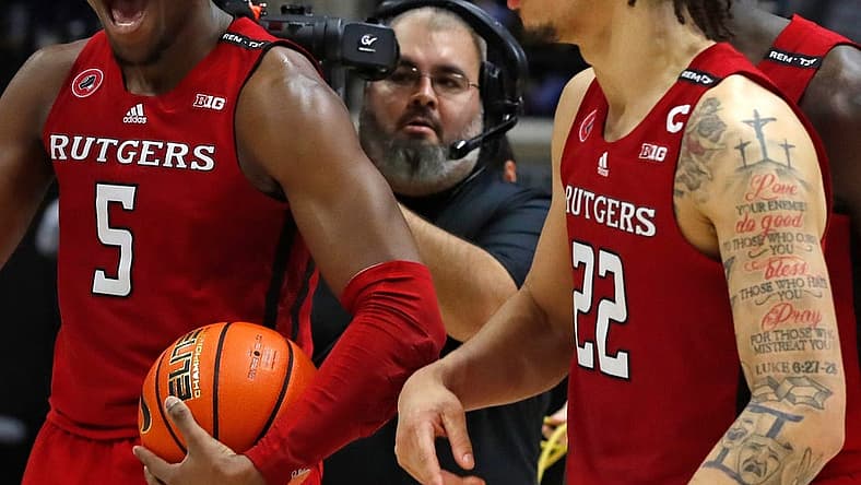 Rutgers Scarlet Knights forward Aundre Hyatt (5) and Rutgers Scarlet Knights guard Caleb McConnell (22) celebrate during the NCAA men   s basketball game against the Purdue Boilermakers, Monday, Jan. 2, 2023, at Mackey Arena in West Lafayette, Ind. Rutgers Scarlet Knights won 65-64.

Purduerutgersmbb010223 Am02694