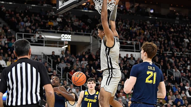 Dec 20, 2022; Providence, Rhode Island, USA; Providence Friars forward Ed Croswell (5) during the first half against the Marquette Golden Eagles at Amica Mutual Pavilion. Mandatory Credit: Eric Canha-USA TODAY Sports