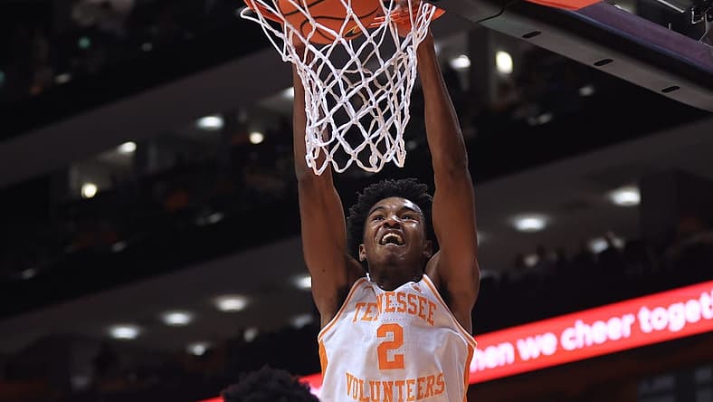 Jan 3, 2023; Knoxville, Tennessee, USA; Tennessee Volunteers forward Julian Phillips (2) dunks the ball against the Mississippi State Bulldogs during the first half at Thompson-Boling Arena. Mandatory Credit: Randy Sartin-USA TODAY Sports