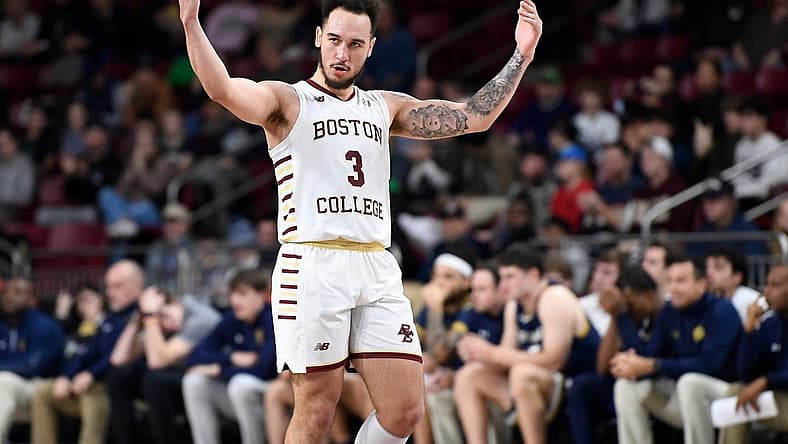 Jan 3, 2023; Chestnut Hill, Massachusetts, USA; Boston College Eagles guard Jaeden Zackery (3) reacts to game play during the second half against the Notre Dame Fighting Irish at Conte Forum. Mandatory Credit: Eric Canha-USA TODAY Sports