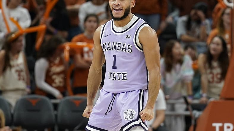 Jan 3, 2023; Austin, Texas, USA; Kansas State Wildcats guard Markquis Nowell (1) reacts after scoring a three point basket during the second half against the Texas Longhorns at Moody Center. Mandatory Credit: Scott Wachter-USA TODAY Sports