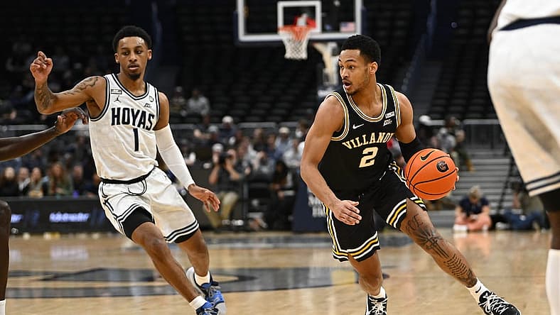 Jan 4, 2023; Washington, District of Columbia, USA; Villanova Wildcats guard Mark Armstrong (2) dribbles as Georgetown Hoyas guard Primo Spears (1) defends during the first half at Capital One Arena. Mandatory Credit: Brad Mills-USA TODAY Sports