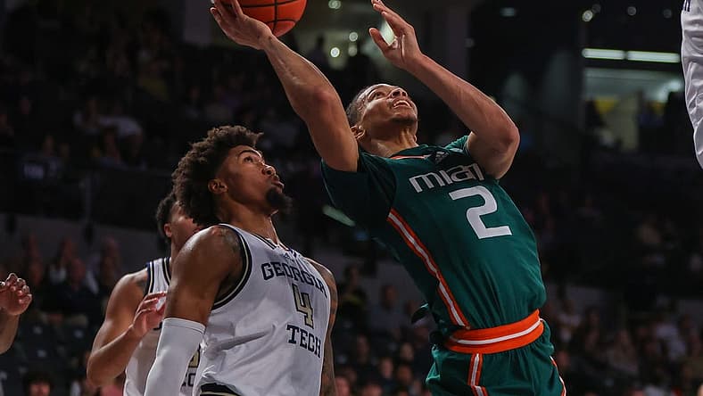 Jan 4, 2023; Atlanta, Georgia, USA; Miami Hurricanes guard Isaiah Wong (2) shoots against the Georgia Tech Yellow Jackets in the first half at McCamish Pavilion. Mandatory Credit: Brett Davis-USA TODAY Sports
