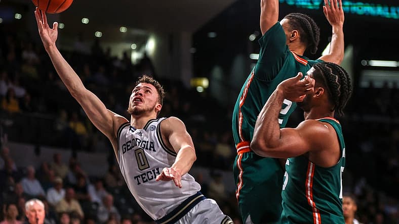 Jan 4, 2023; Atlanta, Georgia, USA; Georgia Tech Yellow Jackets guard Lance Terry (0) shoots against the Miami Hurricanes in the second half at McCamish Pavilion. Mandatory Credit: Brett Davis-USA TODAY Sports