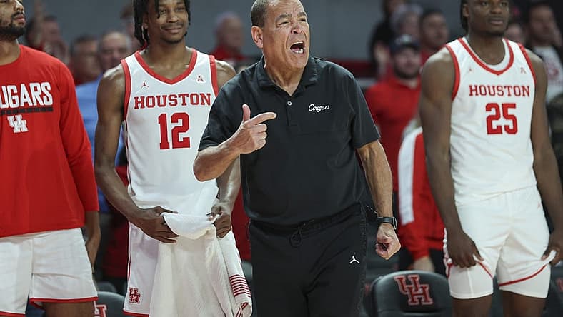 Jan 5, 2023; Houston, Texas, USA; Houston Cougars head coach Kelvin Sampson reacts during the first half against the Southern Methodist Mustangs at Fertitta Center. Mandatory Credit: Troy Taormina-USA TODAY Sports
