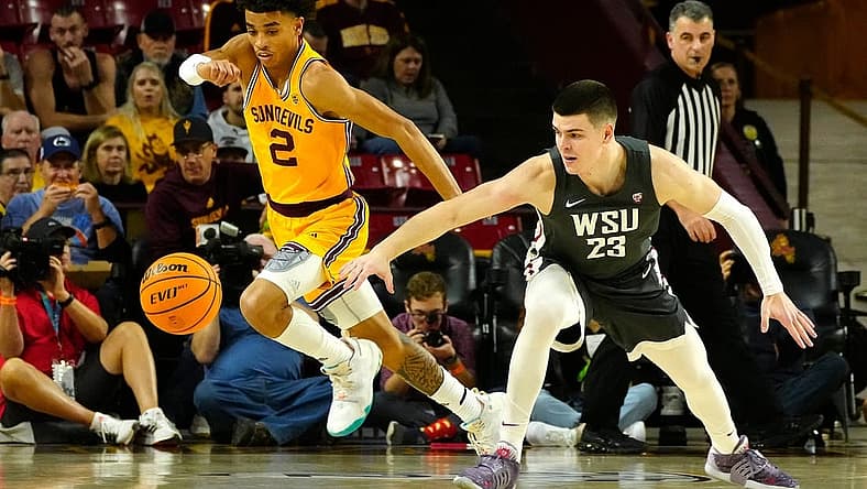 January 5, 2023; Tempe, Ariz; USA; ASU guard Austin Nunez (2) steals the ball from WSU guard Andrej Jakimovski (23) at Wells Fargo Arena.
Basketball Wash St Asu Bb Washington State At Arizona State