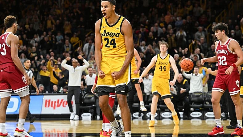 Jan 5, 2023; Iowa City, Iowa, USA; Iowa Hawkeyes forward Kris Murray (24) reacts during the second half against the Indiana Hoosiers at Carver-Hawkeye Arena. Mandatory Credit: Jeffrey Becker-USA TODAY Sports