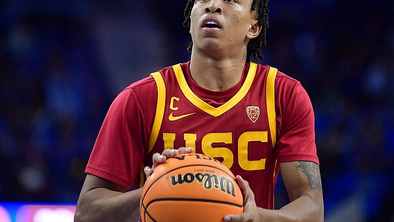 Jan 5, 2023; Los Angeles, California, USA; Southern California Trojans guard Boogie Ellis (5) shoots a free throw against the UCLA Bruins during the second half at Pauley Pavilion. Mandatory Credit: Gary A. Vasquez-USA TODAY Sports