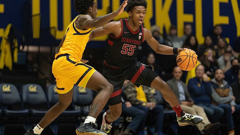 Jan 6, 2023; Berkeley, California, USA; Stanford Cardinal forward Harrison Ingram (55) drives the ball during the first half against California Golden Bears guard Marsalis Roberson (0) at Haas Pavilion. Mandatory Credit: Stan Szeto-USA TODAY Sports