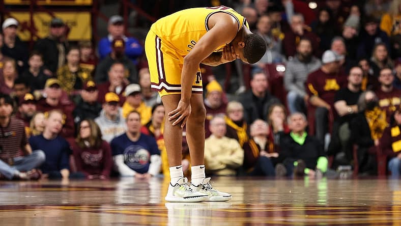 Jan 7, 2023; Minneapolis, Minnesota, USA; Minnesota Golden Gophers guard Ta'lon Cooper (55) reacts during overtime against the Nebraska Cornhuskers at Williams Arena. Mandatory Credit: Matt Krohn-USA TODAY Sports