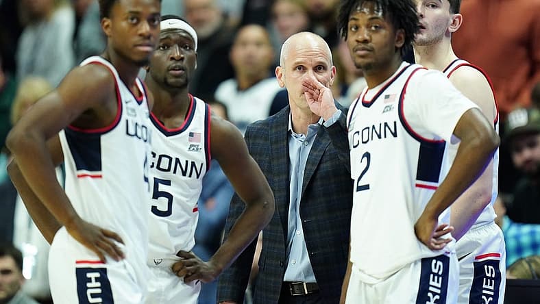 Jan 7, 2023; Storrs, Connecticut, USA; UConn Huskies head coach Dan Hurley talks to his players from the sideline as they take on the Creighton Bluejays at Harry A. Gampel Pavilion. Mandatory Credit: David Butler II-USA TODAY Sports