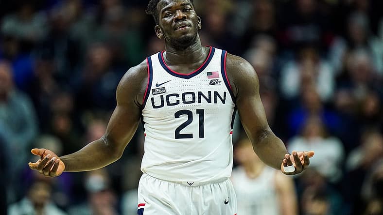 Jan 7, 2023; Storrs, Connecticut, USA; UConn Huskies forward Adama Sanogo (21) on the court against the Creighton Bluejays in the second half at Harry A. Gampel Pavilion. Mandatory Credit: David Butler II-USA TODAY Sports