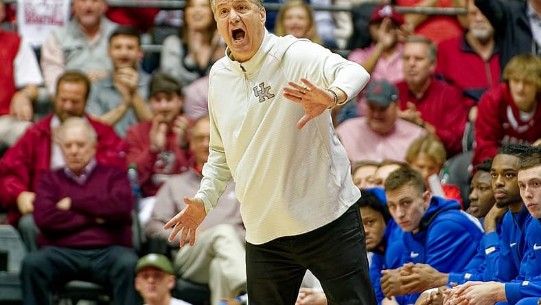 Jan 7, 2023; Tuscaloosa, Alabama, USA; Kentucky Wildcats head coach John Calipari reacts during first half at Coleman Coliseum. Mandatory Credit: Marvin Gentry-USA TODAY Sports