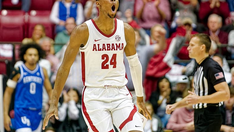 Jan 7, 2023; Tuscaloosa, Alabama, USA; Alabama Crimson Tide forward Brandon Miller (24) reacts a after a play against the Kentucky Wildcats during first half at Coleman Coliseum. Mandatory Credit: Marvin Gentry-USA TODAY Sports