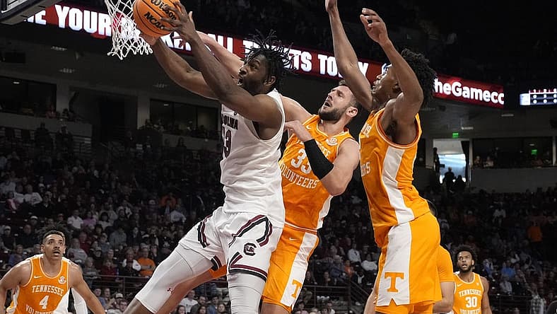 Jan 7, 2023; Columbia, South Carolina, USA; South Carolina Gamecocks forward Josh Gray (33) tries to hang onto the rebound pressured by Tennessee Volunteers forward Uros Plavsic (33) during the first half at Colonial Life Arena. Mandatory Credit: Jim Dedmon-USA TODAY Sports