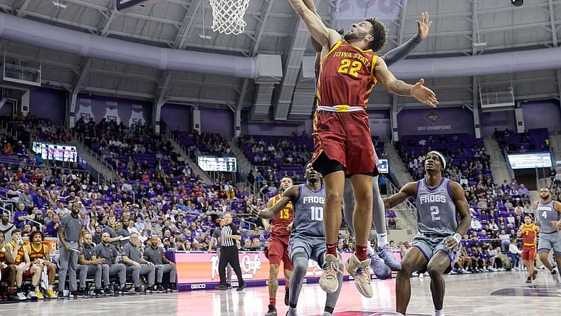 Jan 7, 2023; Fort Worth, Texas, USA; Iowa State Cyclones guard Gabe Kalscheur (22) lays the ball in during the second half against the TCU Horned Frogs at Ed and Rae Schollmaier Arena. Mandatory Credit: Andrew Dieb-USA TODAY Sports