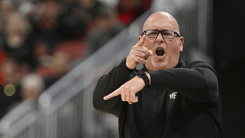 Jan 7, 2023; Louisville, Kentucky, USA; Wake Forest Demon Deacons head coach Steve Forbes calls out instructions during the second half against the Louisville Cardinals at KFC Yum! Center. Wake Forest defeated Louisville 80-72. Mandatory Credit: Jamie Rhodes-USA TODAY Sports