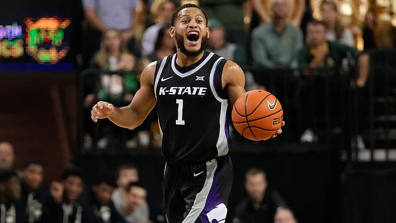 Jan 7, 2023; Waco, Texas, USA; Kansas State Wildcats guard Markquis Nowell (1) calls a play against the Baylor Bears during the first half at Ferrell Center. Mandatory Credit: Chris Jones-USA TODAY Sports